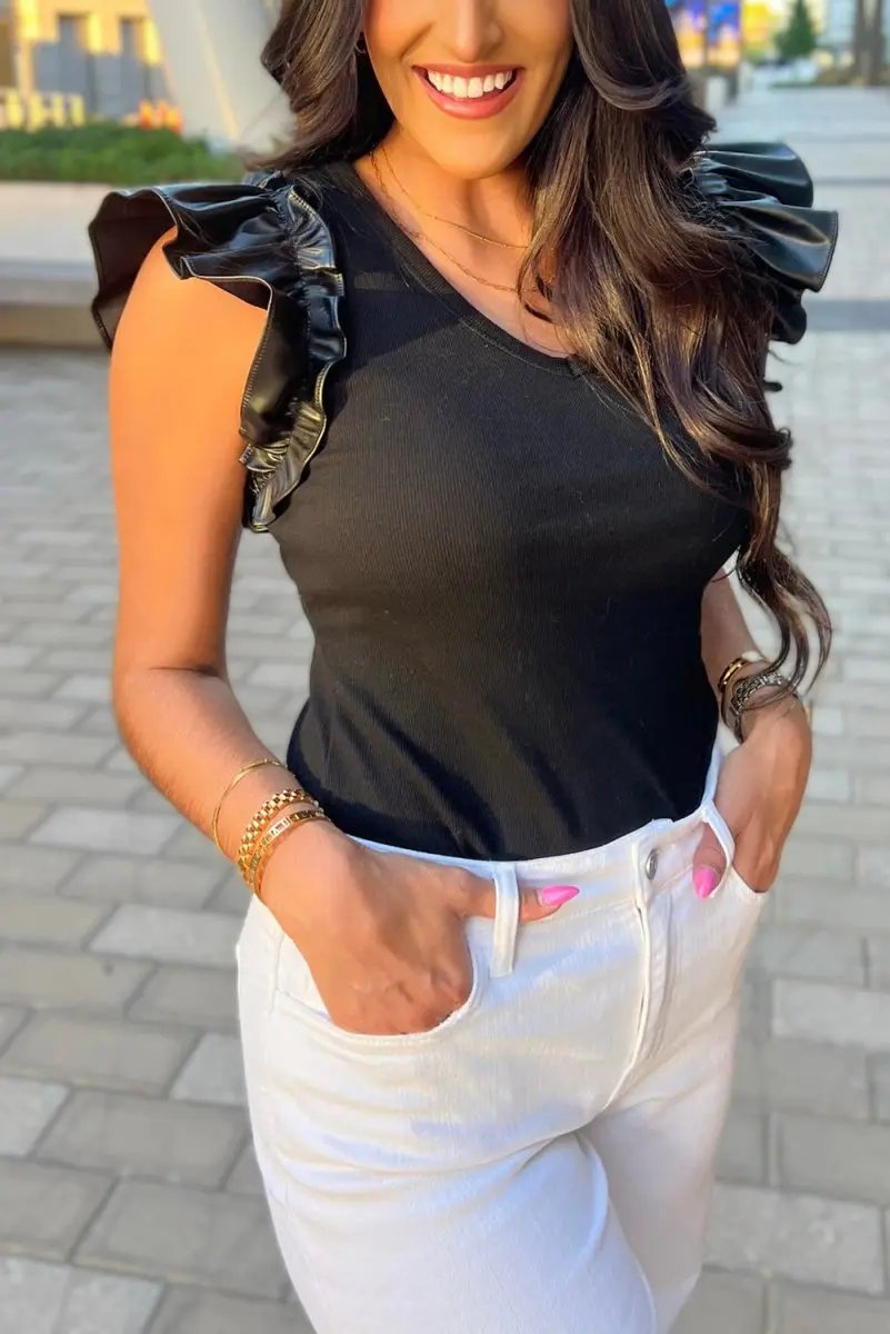 Black Leatherette Ruffle Patchwork Ribbed V Neck Bodysuit - Love Salve